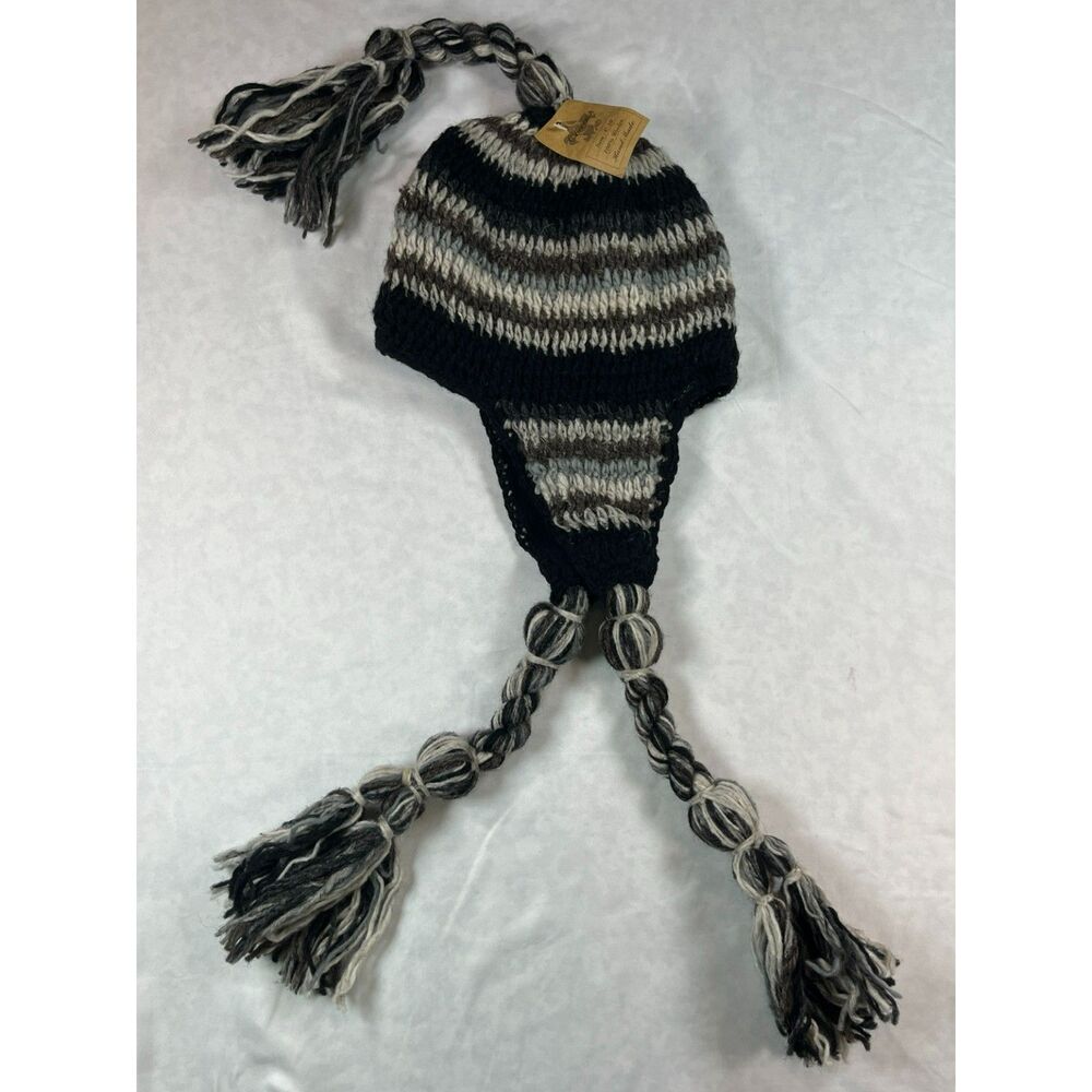 Cheveux Wool Trapper Hat Handmade Nepal Ear Flap Tassel Black Gray Lined